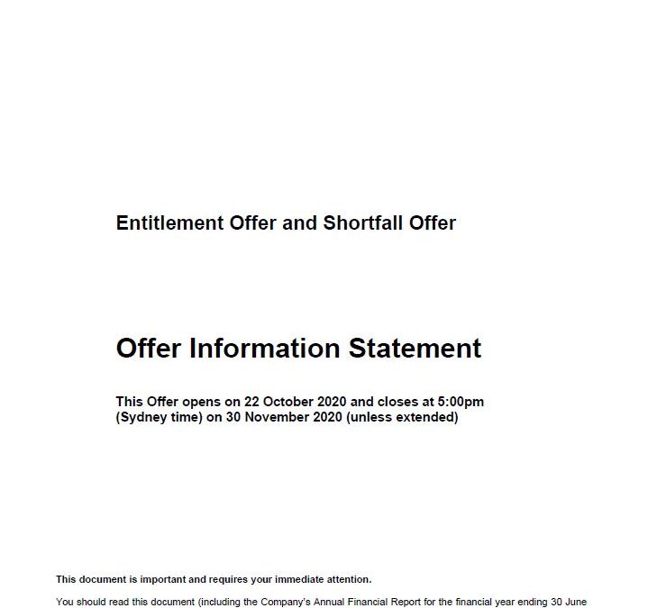 Cadence Opportunites Fund Entitlement Offer and Shortfall Offer Document (Closes on the 30th November 2020)